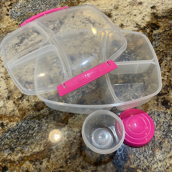 Set of TWO BLUE PINK Sistema Triple Split Lunch Boxes 2L 4 PC Set Each 8 Pieces - Picture 4 of 13